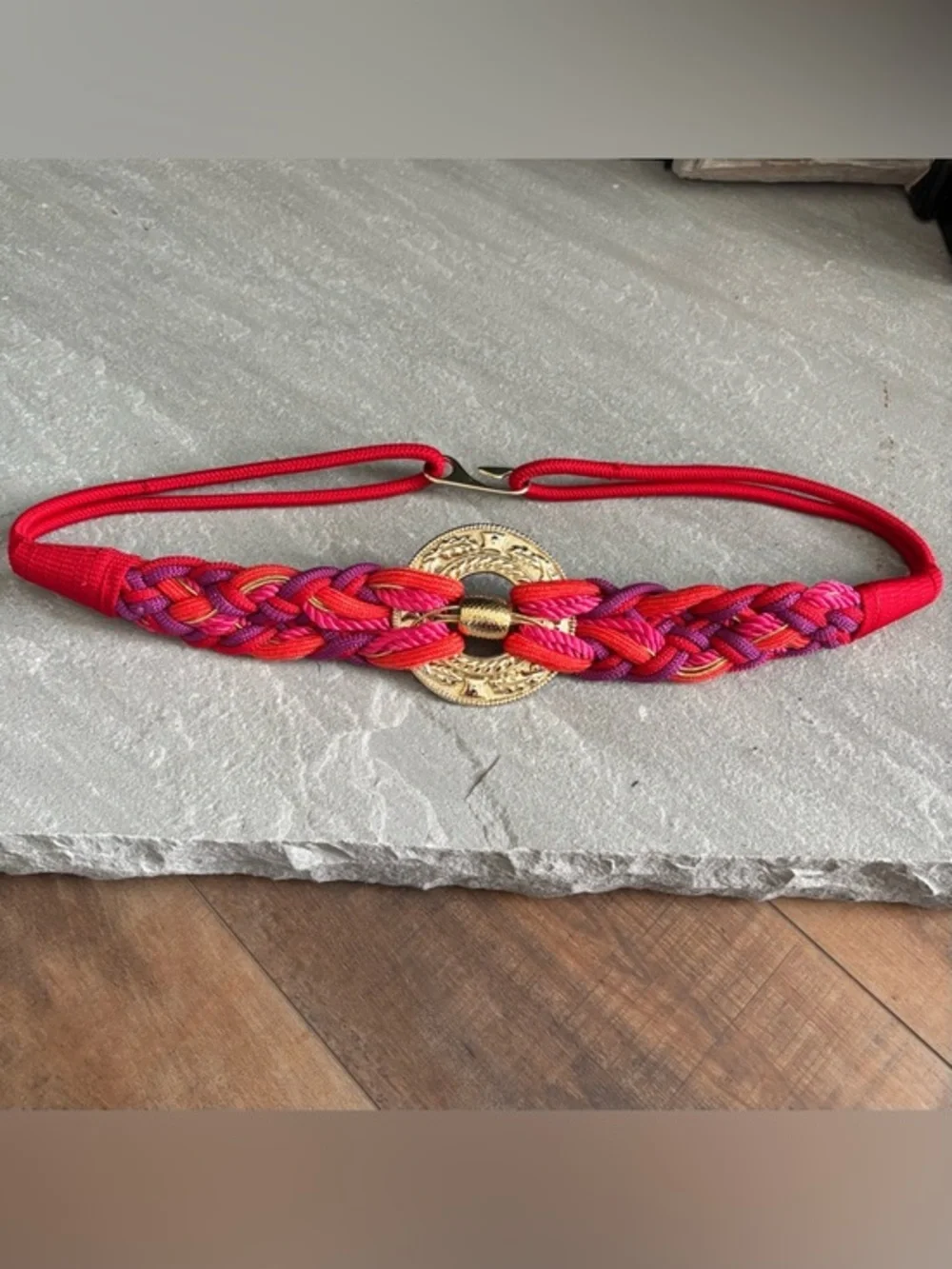 Vintage 80s Statement Boho Red Purple Pink Braided Waist Belt Gold Medallion‎